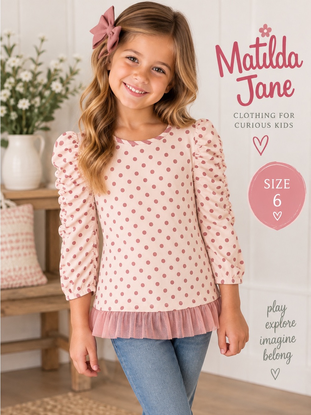 Matilda Jane Girls Size 6 Pink Polka Dot Ruffle Sleeve Shirt Top
